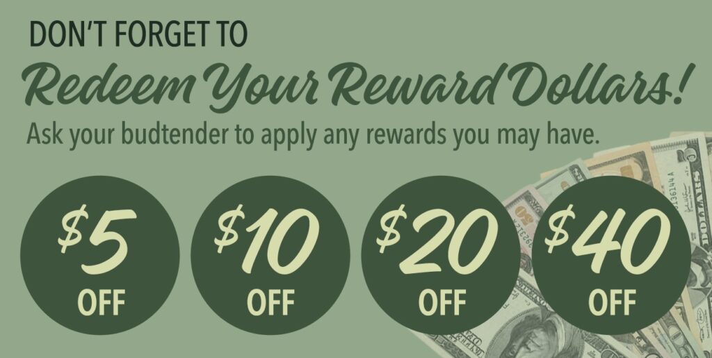 Promotional graphic reminding customers to redeem their reward dollars by asking the budtender to apply any available rewards, with discount amounts of $5, $10, $20, and $40 off displayed in circular icons over a background of US dollar bills